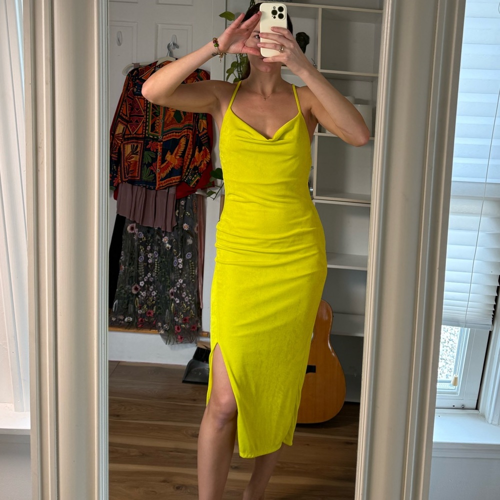 Neon Lime Green Spaghetti Strap Dress with slit | 21 Saints